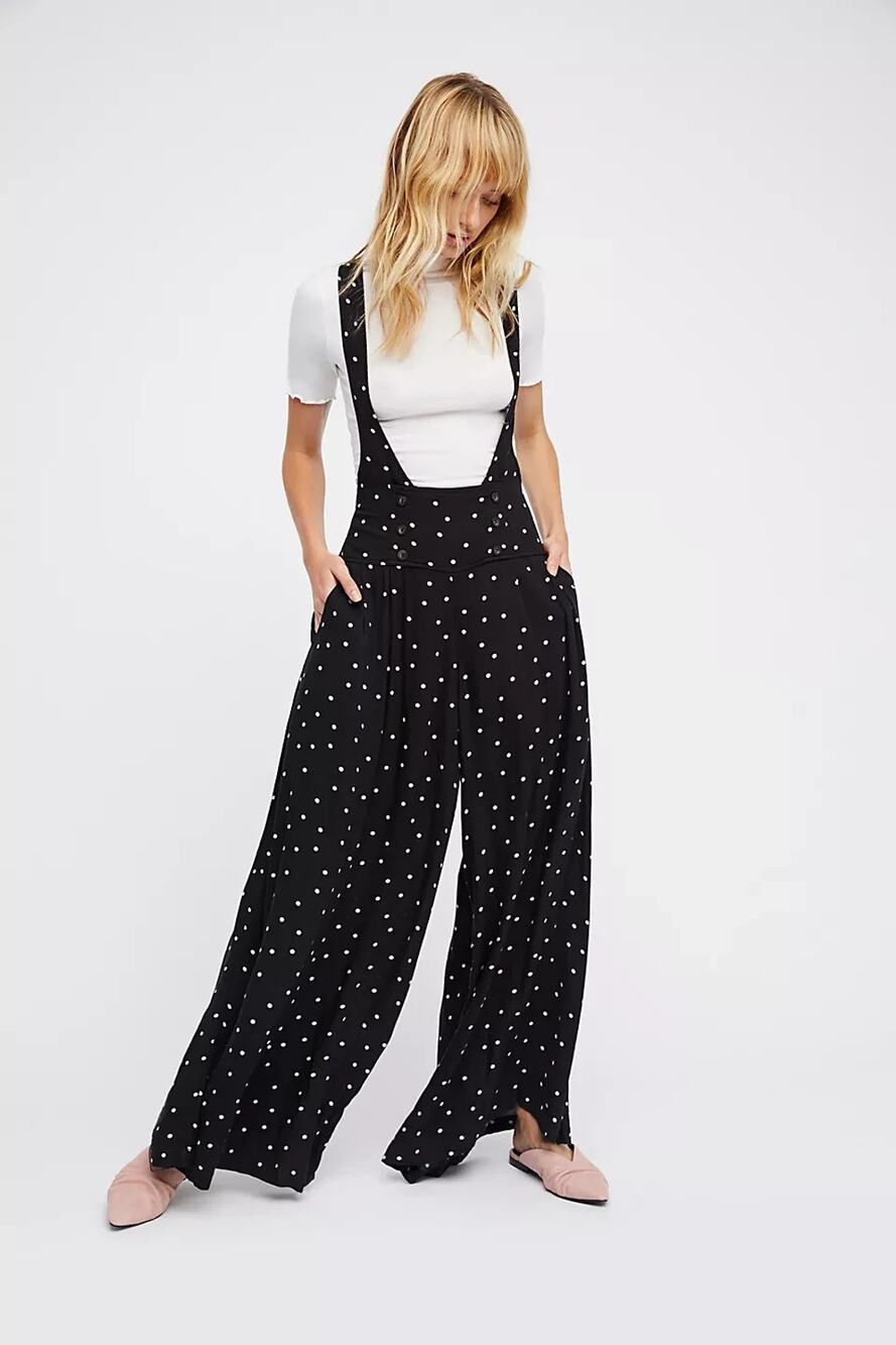 Free People Keep It Jumpin’ Jumpsuit Y2K Black Polka Dot Size 4 A011218